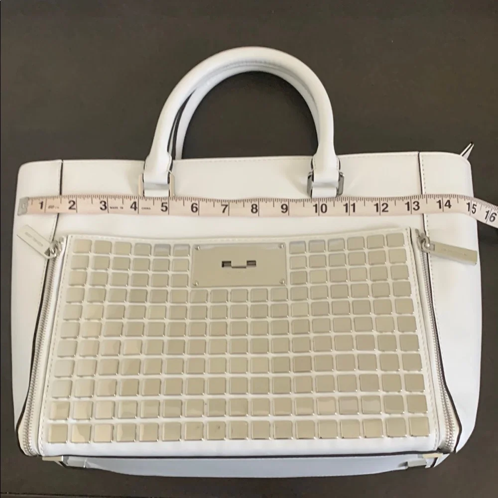 Michael Kors Silver and White Tote Bag with Geometric Design